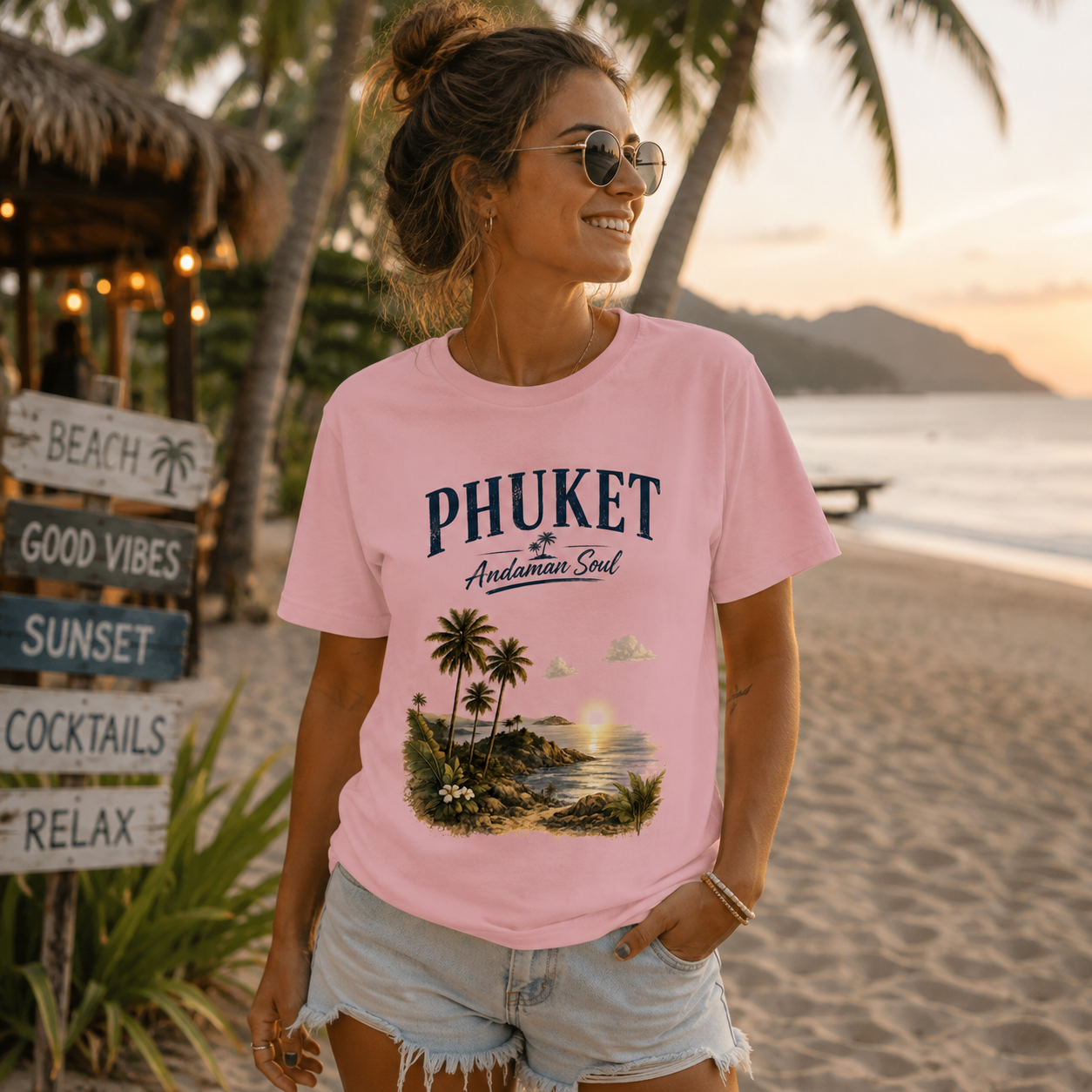 Junge Frau trägt das rosa Nomavé T-Shirt „Phuket – Andaman Soul“ an einem tropischen Strand bei Sonnenuntergang mit Palmen und Beachbar – hochwertiges Thailand Lifestyle-Motiv.