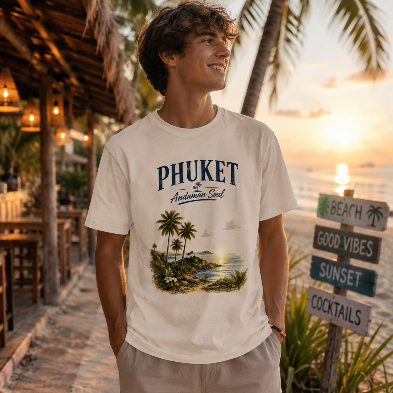 Junger Mann trägt das Nomavé T-Shirt „Phuket – Andaman Soul“ in Natur auf einem tropischen Strand bei Sonnenuntergang vor Palmen und einer Beachbar – hochwertiges Thailand Lifestyle-Motiv.