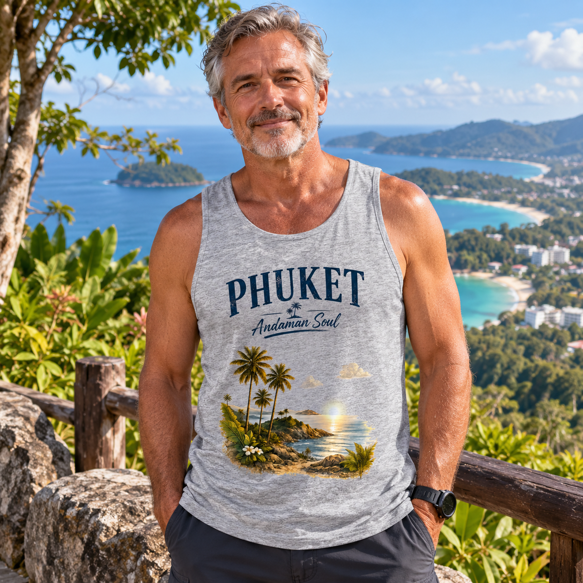 Mann trägt graues Phuket Andaman Soul Bio-Tanktop an einem Aussichtspunkt