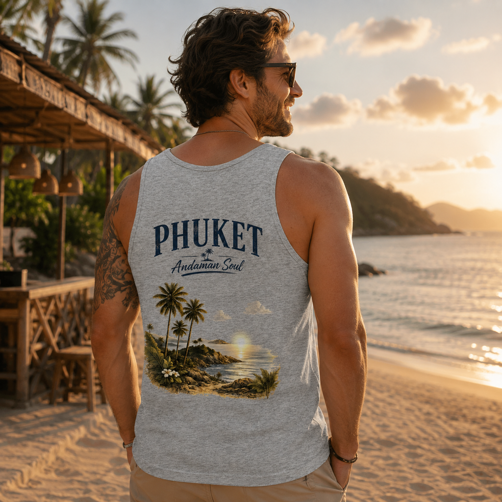 Junger Mann am tropischen Strand mit grauem Phuket Andaman Soul Tanktop und Vintage-Rückenprint