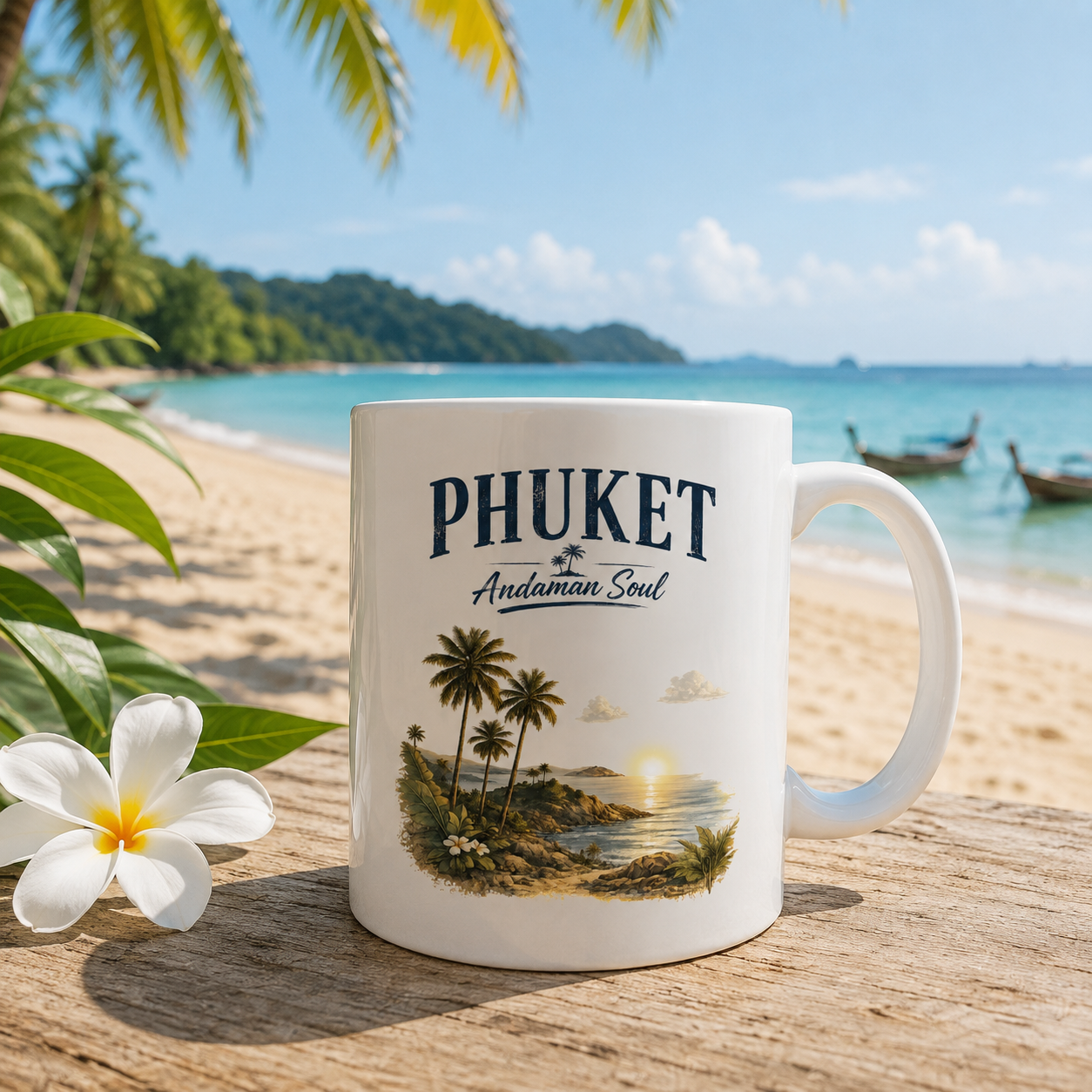 Weiße Keramiktasse von Nomavé mit dem Motiv „Phuket – Andaman Soul“ auf einem Holztisch an einem tropischen Strand in Thailand mit Palmen, türkisblauem Meer und Longtailbooten im Hintergrund.