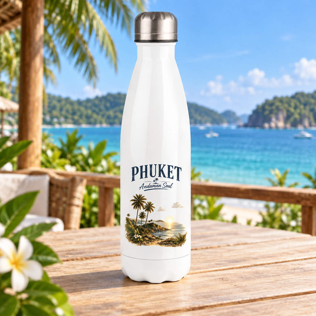 Weiße Phuket Andaman Soul Thermoflasche 500 ml mit Originalmotiv auf einer Strandterrasse