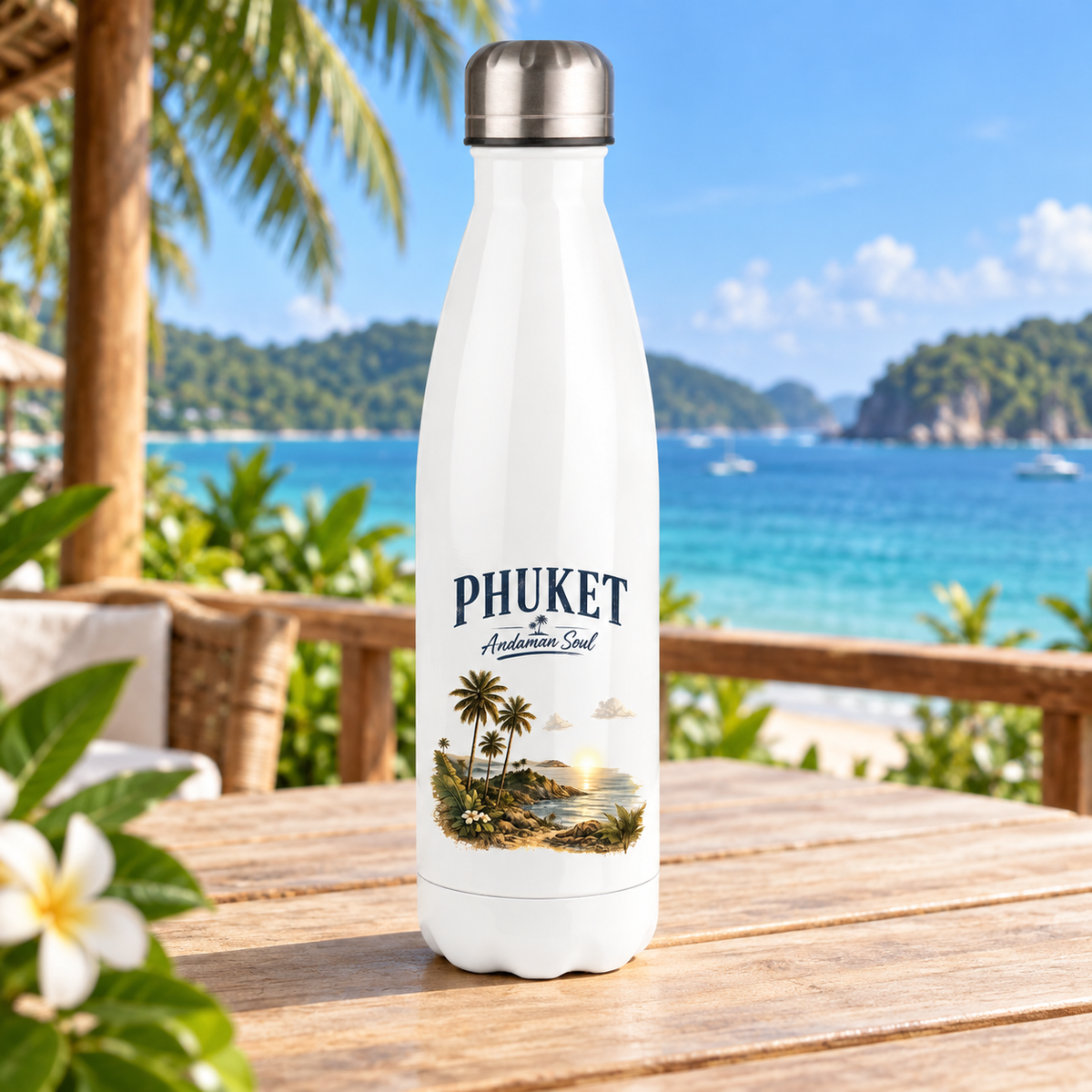 Weiße Phuket Andaman Soul Thermoflasche 500 ml mit Originalmotiv auf einer Strandterrasse