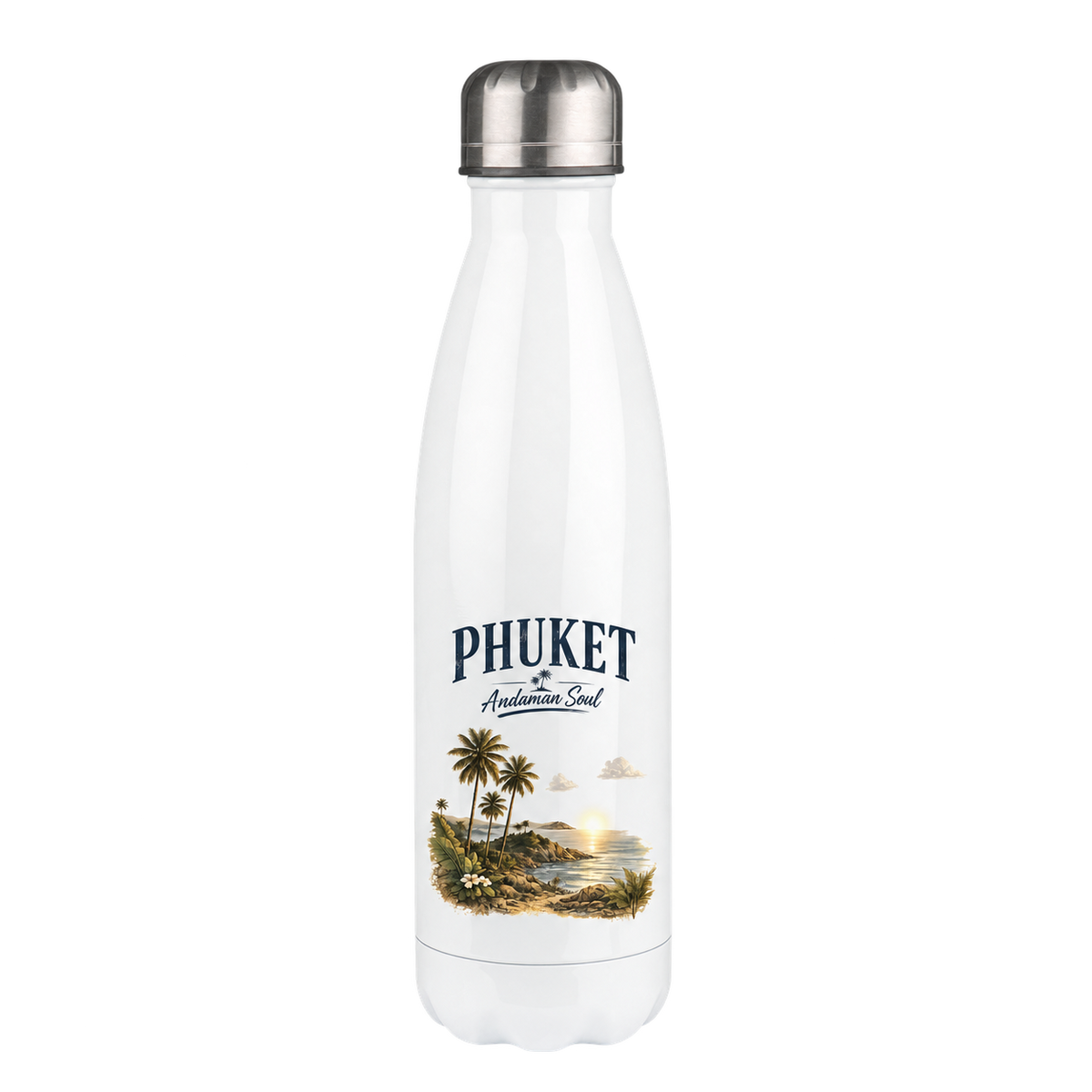 Weiße Phuket Andaman Soul Thermoflasche 500 ml mit tropischem Vintage-Motiv – Produktansicht