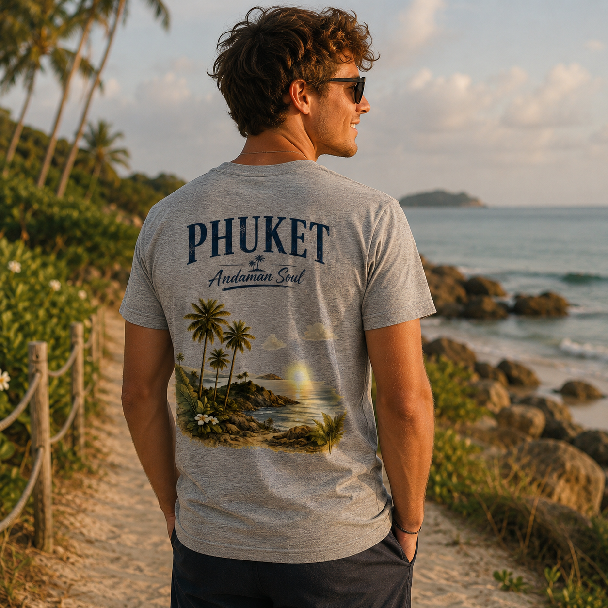 Junger Mann trägt graues Phuket Andaman Soul T-Shirt mit tropischem Rückenprint aus Palmen, Meer und Küstenlandschaft am Strand.