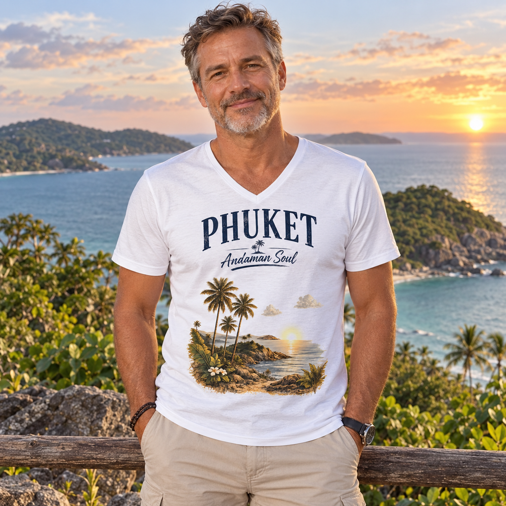 Mann trägt weißes Phuket Andaman Soul Bio-V-Neck-Shirt mit Meerblick