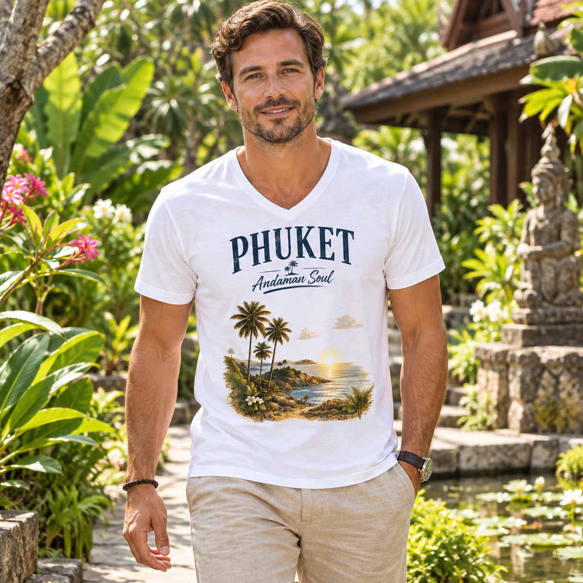 Mann trägt weißes Phuket Andaman Soul Bio-V-Neck-Shirt in einem tropischen Garten