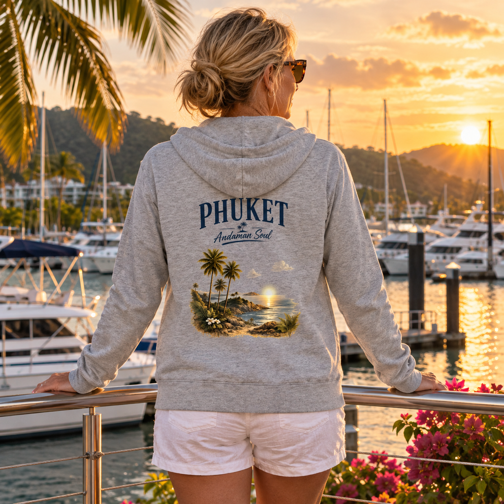 Frau trägt grauen Phuket Andaman Soul Bio-Zipper mit Rückenprint am Yachthafen