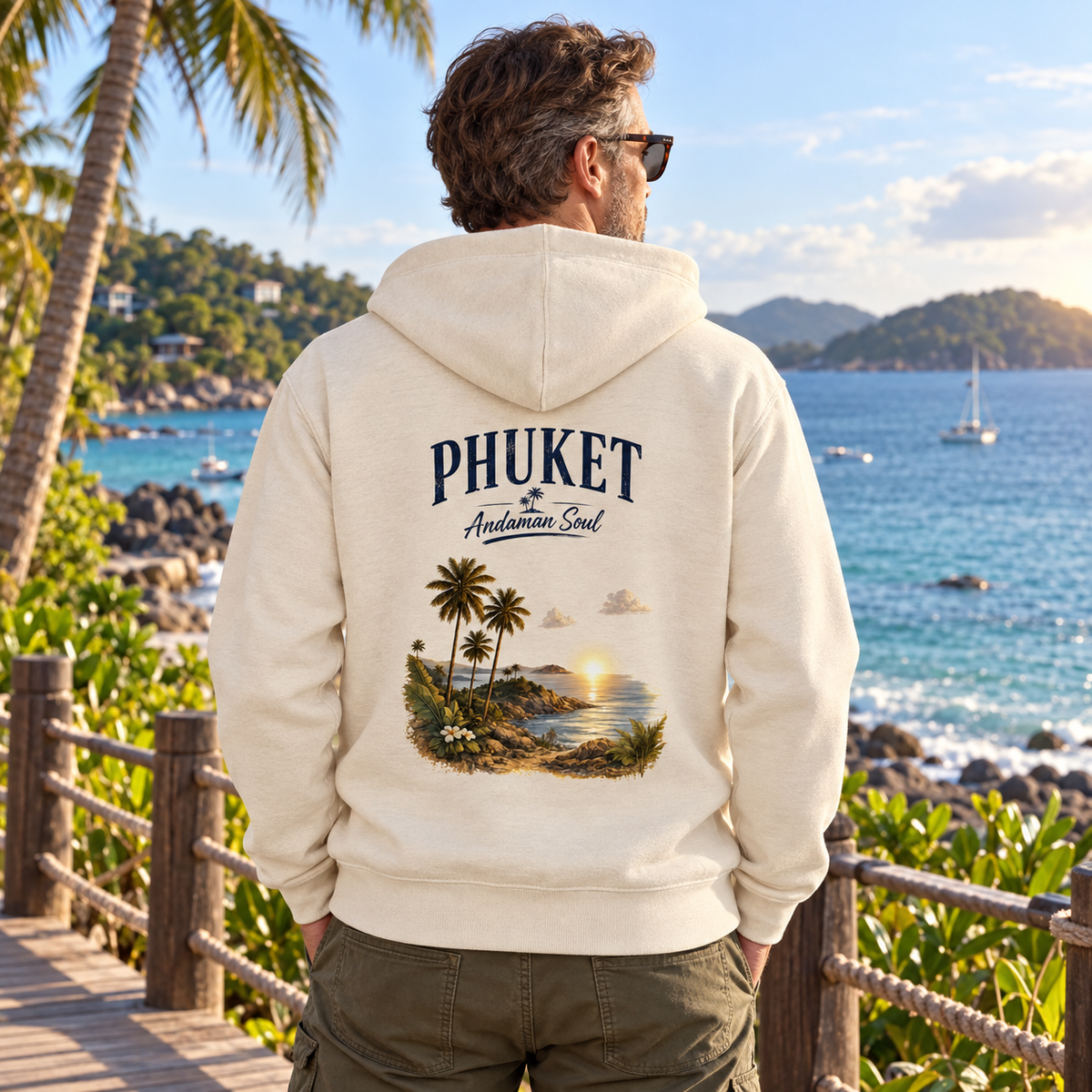 Mann trägt naturfarbenen Phuket Andaman Soul Bio-Zipper mit Rückenprint am Meer