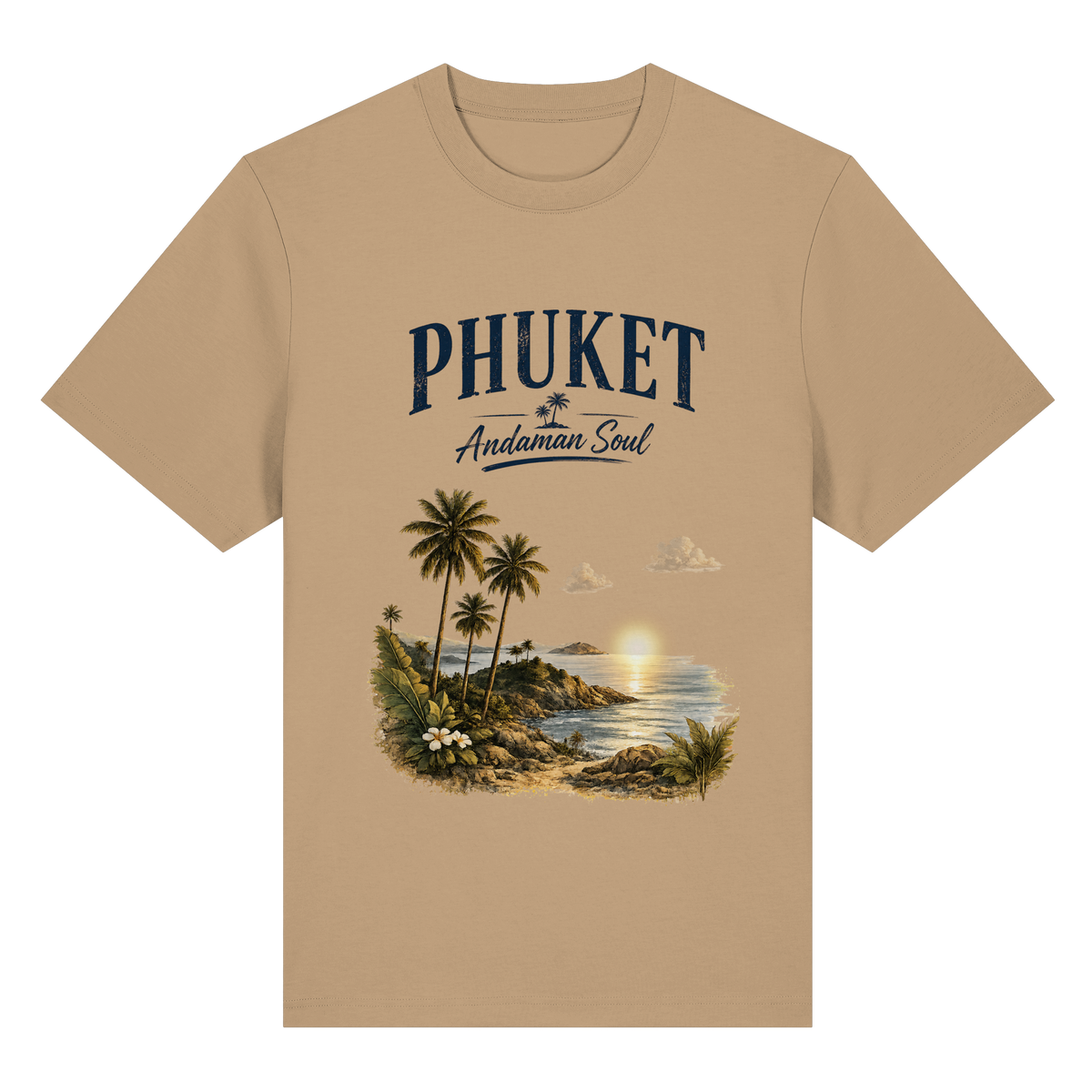 Phuket Thailand – Andaman Soul – Frontprint – Bio-Heavy T-Shirt – Vorderansicht in latte