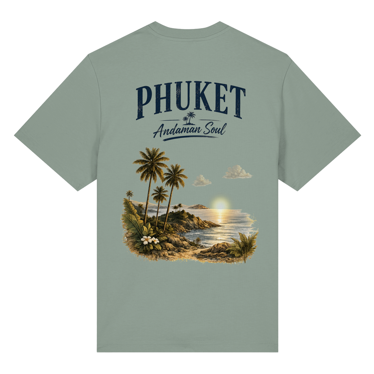 Phuket Thailand – Andaman Soul – Vintage Rückenprint – Helle Edition – Bio-Heavy T-Shirt – Rückenansicht in aloe