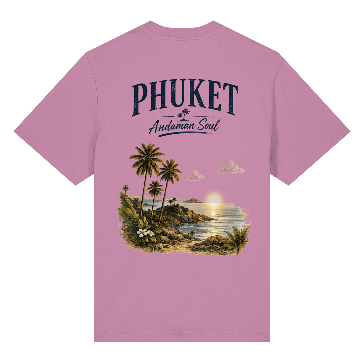 Phuket Thailand – Andaman Soul – Vintage Rückenprint – Helle Edition – Bio-Heavy T-Shirt – Rückenansicht in bubble pink