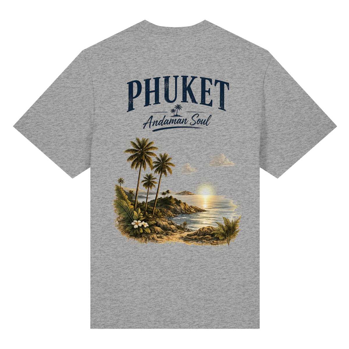 Phuket Thailand – Andaman Soul – Vintage Rückenprint – Helle Edition – Bio-Heavy T-Shirt – Rückenansicht in heather grey