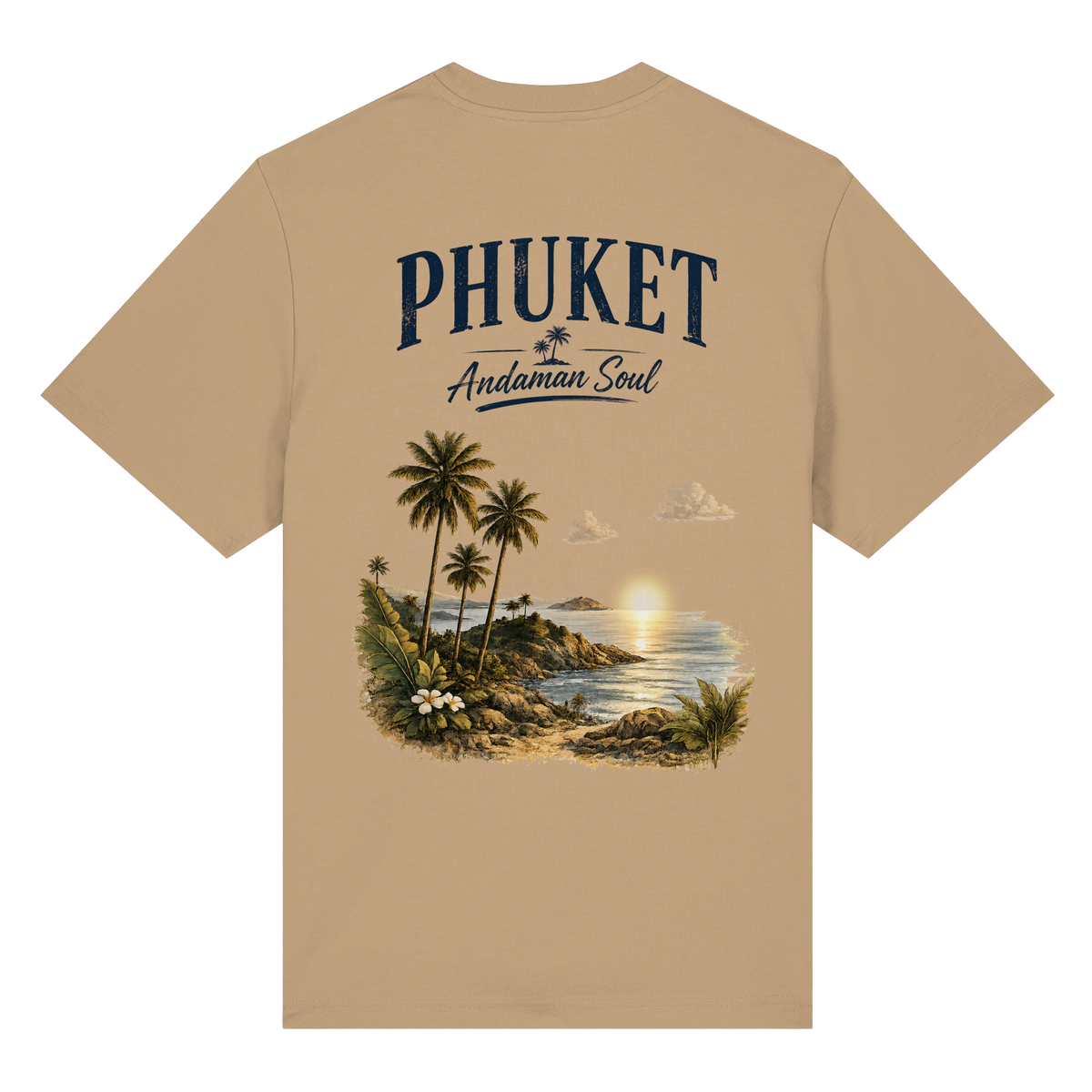Phuket Thailand – Andaman Soul – Vintage Rückenprint – Helle Edition – Bio-Heavy T-Shirt – Rückenansicht in latte