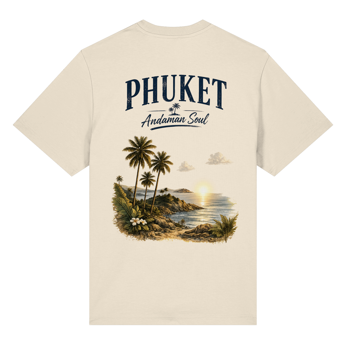 Phuket Thailand – Andaman Soul – Vintage Rückenprint – Helle Edition – Bio-Heavy T-Shirt – Rückenansicht in natural raw