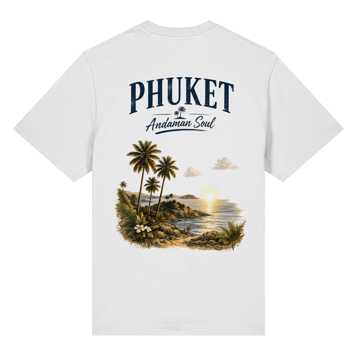 Phuket Thailand – Andaman Soul – Vintage Rückenprint – Helle Edition – Bio-Heavy T-Shirt – Rückenansicht in white