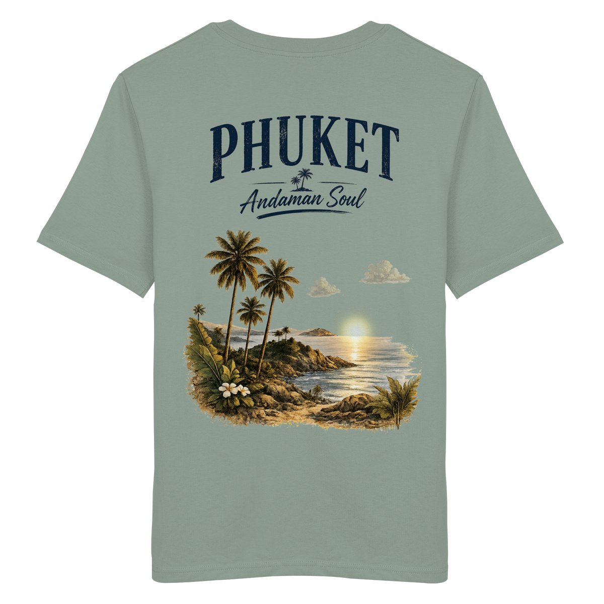 Phuket Thailand – Andaman Soul – Vintage Rückenprint – Helle Edition – Bio T-Shirt – Rückansicht in aloe