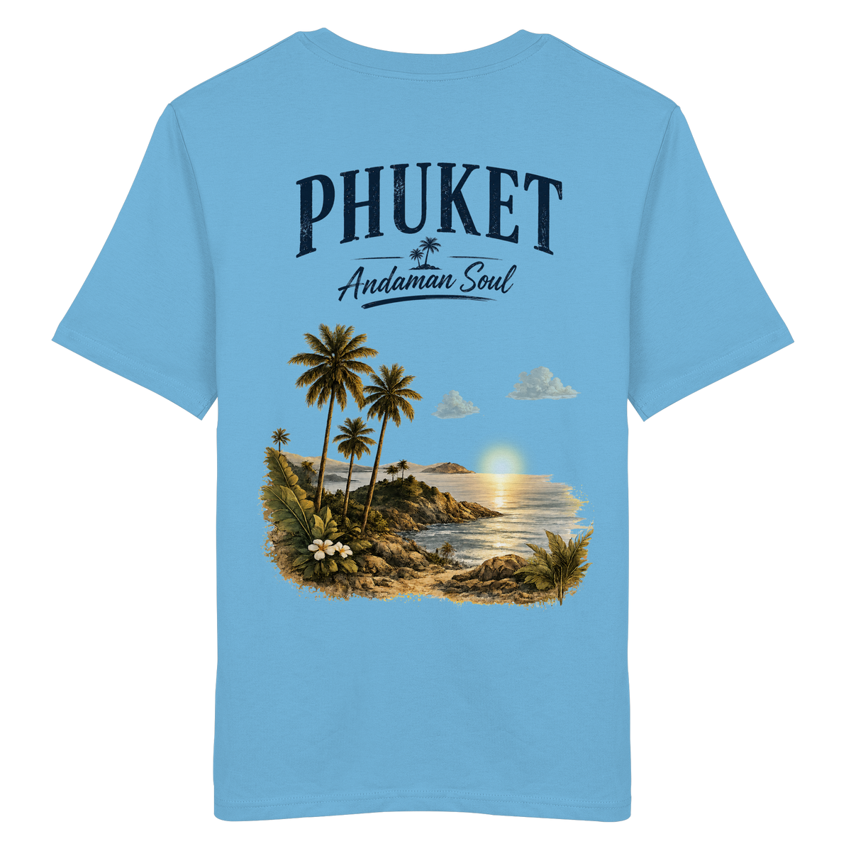Phuket Thailand – Andaman Soul – Vintage Rückenprint – Helle Edition – Bio T-Shirt – Rückansicht in aqua blue