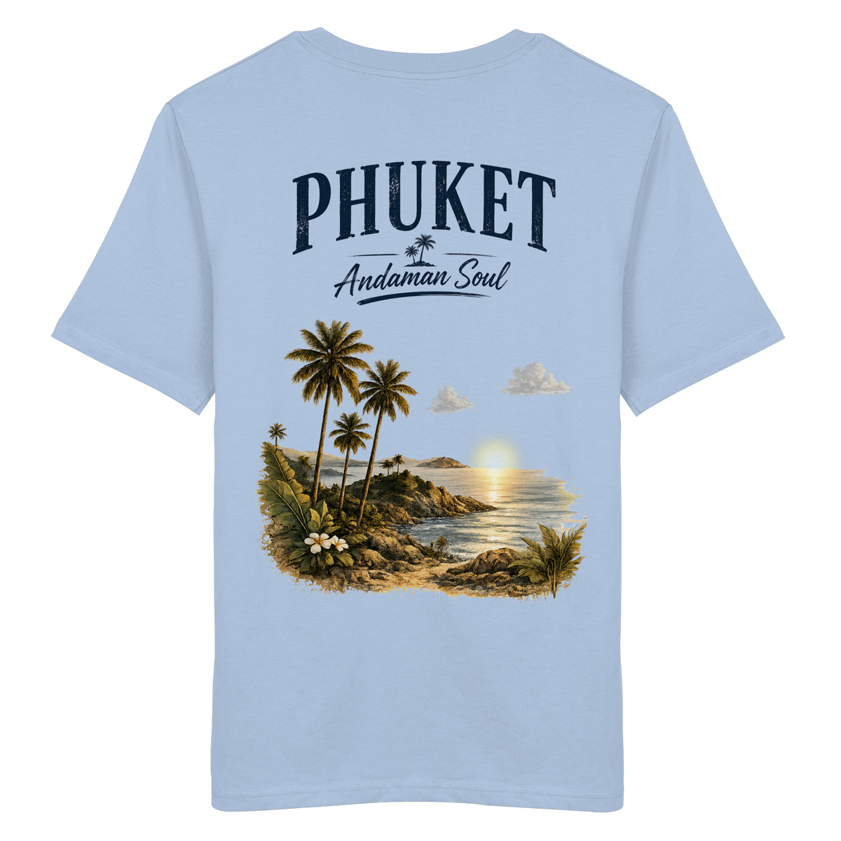 Phuket Thailand – Andaman Soul – Vintage Rückenprint – Helle Edition – Bio T-Shirt – Rückansicht in blue soul