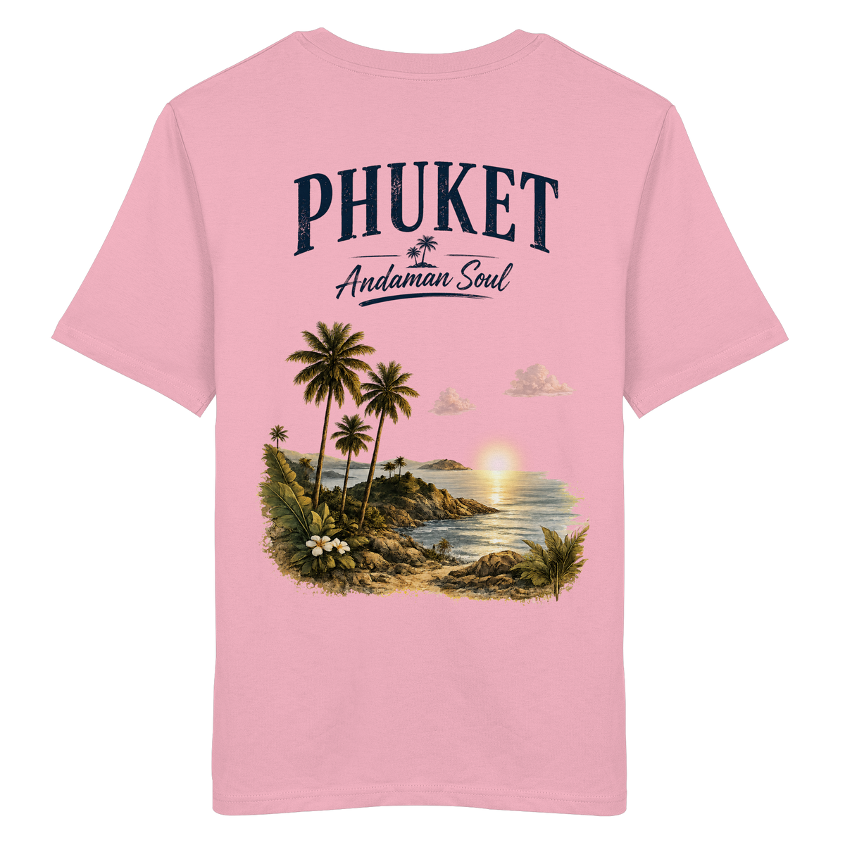 Phuket Thailand – Andaman Soul – Vintage Rückenprint – Helle Edition – Bio T-Shirt – Rückansicht in cotton pink