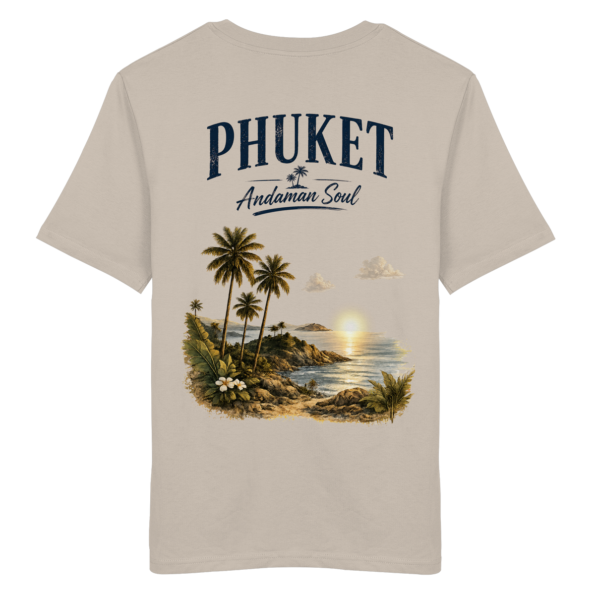 Phuket Thailand – Andaman Soul – Vintage Rückenprint – Helle Edition – Bio T-Shirt – Rückansicht in desert dust