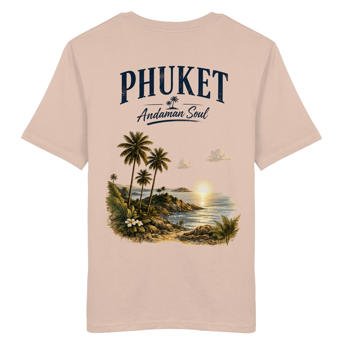Phuket Thailand – Andaman Soul – Vintage Rückenprint – Helle Edition – Bio T-Shirt – Rückansicht in fraiche peche