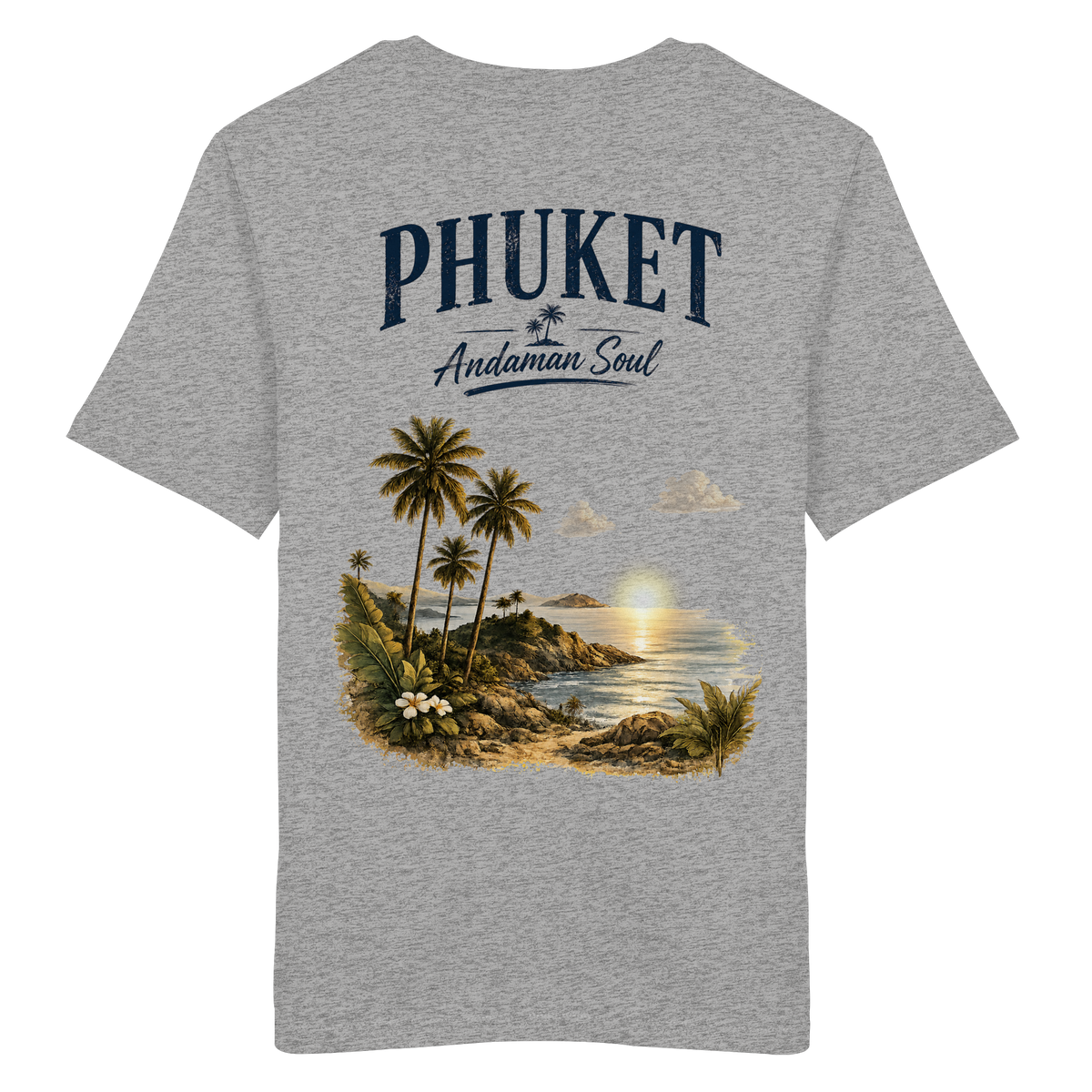 Phuket Thailand – Andaman Soul – Vintage Rückenprint – Helle Edition – Bio T-Shirt – Rückansicht in heather grey
