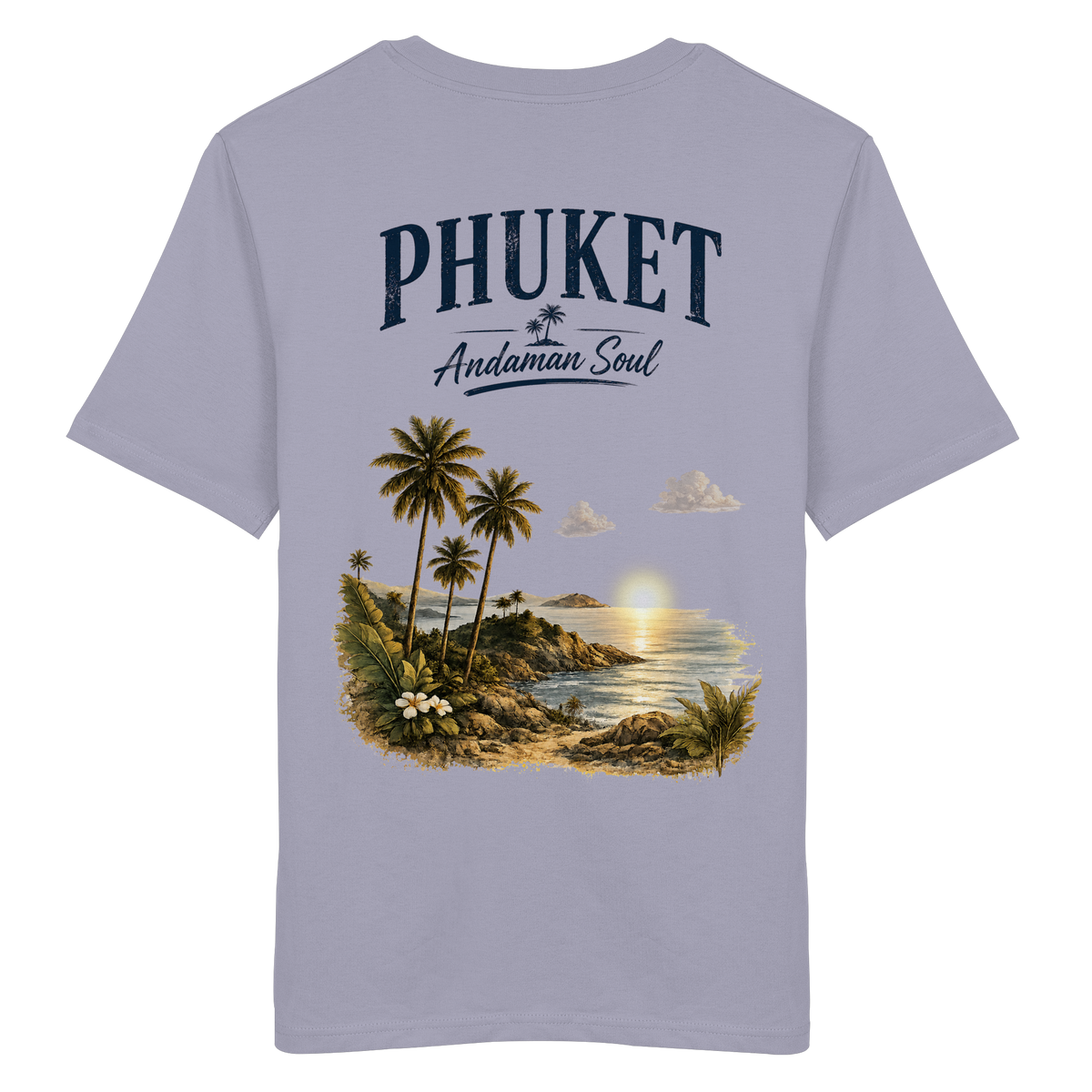 Phuket Thailand – Andaman Soul – Vintage Rückenprint – Helle Edition – Bio T-Shirt – Rückansicht in lavender