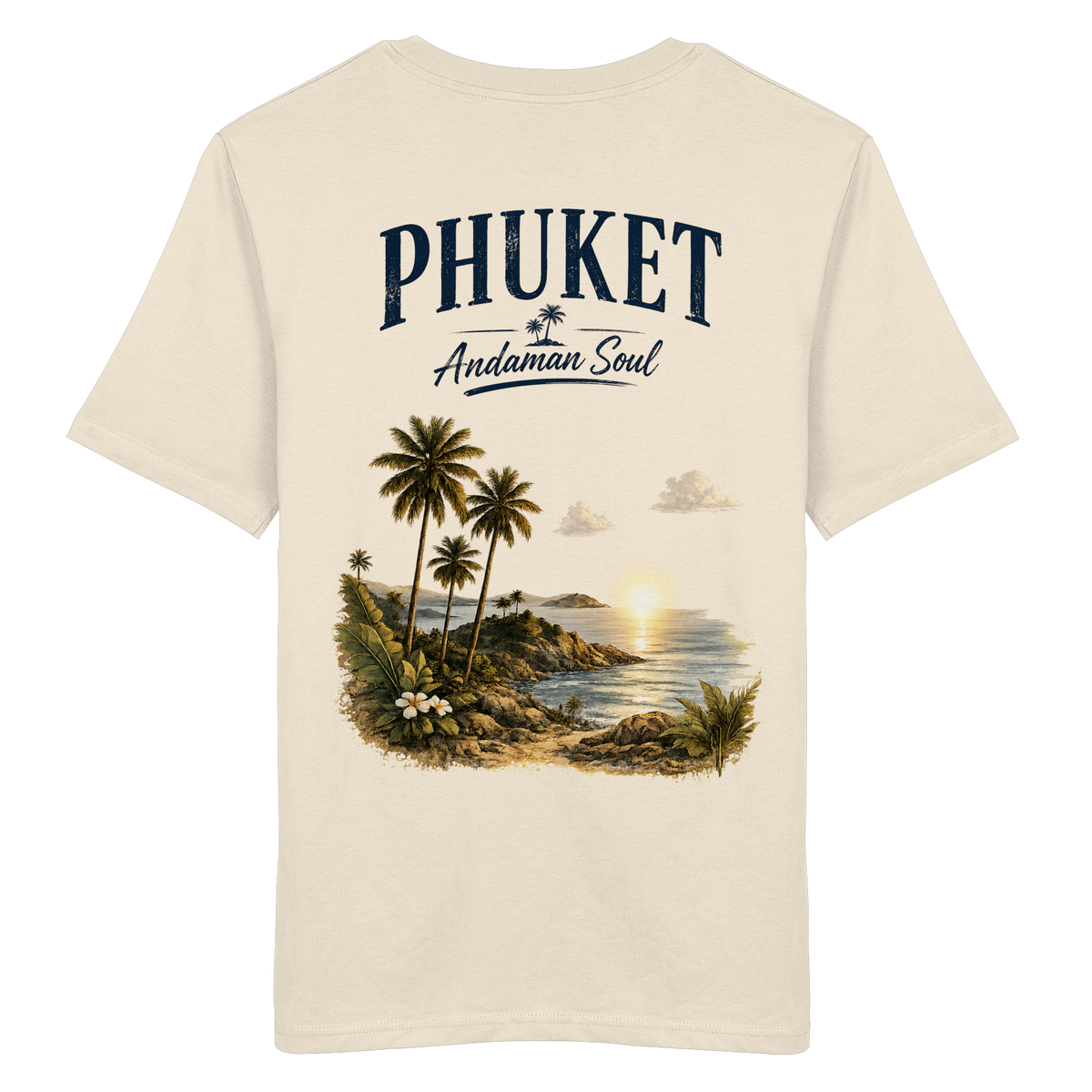 Phuket Thailand – Andaman Soul – Vintage Rückenprint – Helle Edition – Bio T-Shirt – Rückansicht in natural raw