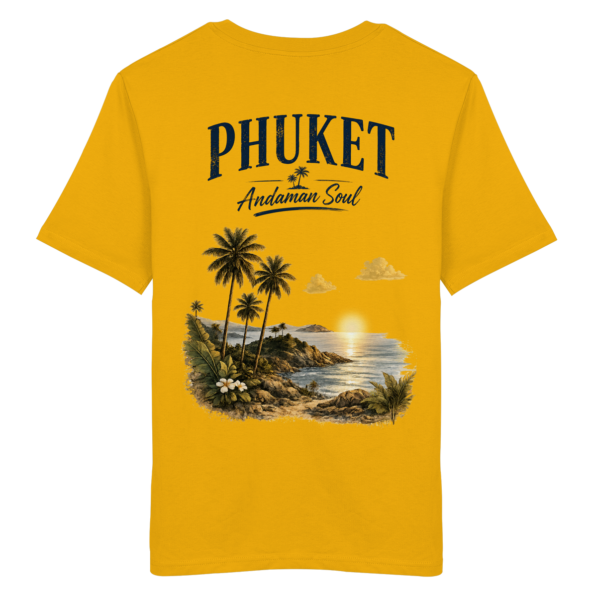 Phuket Thailand – Andaman Soul – Vintage Rückenprint – Helle Edition – Bio T-Shirt – Rückansicht in spectra yellow