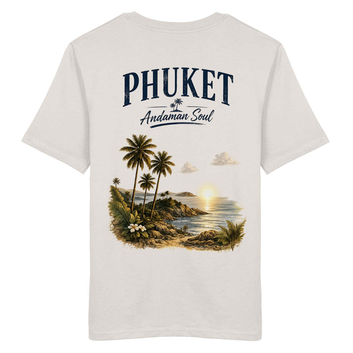 Phuket Thailand – Andaman Soul – Vintage Rückenprint – Helle Edition – Bio T-Shirt – Rückansicht in vintage white