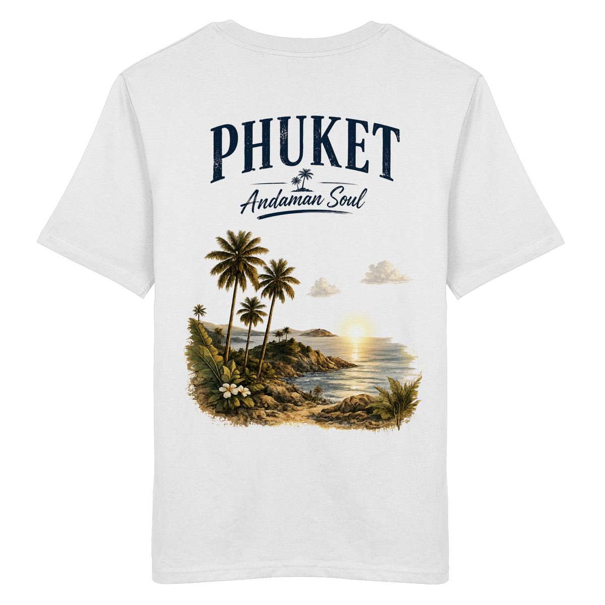 Phuket Thailand – Andaman Soul – Vintage Rückenprint – Helle Edition – Bio T-Shirt – Rückansicht in white