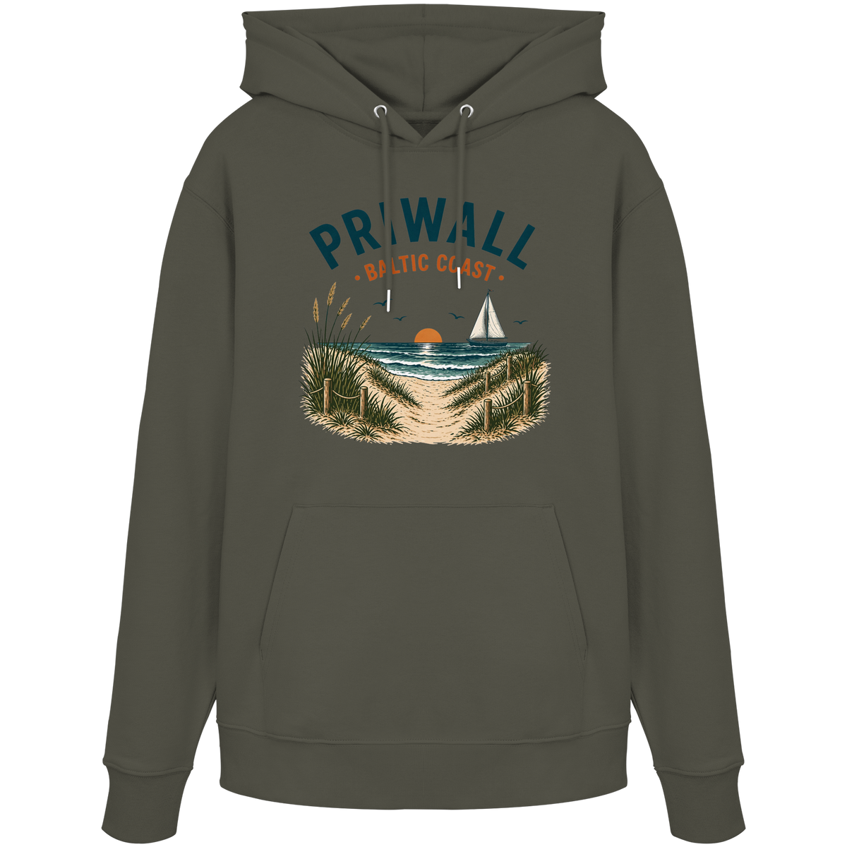 Khakifarbener Priwall Baltic Coast Bio-Hoodie mit Ostsee-Motiv
