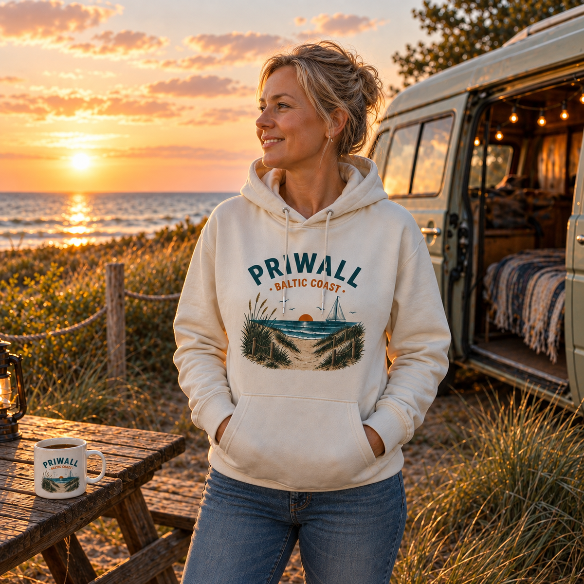 Frau trägt naturfarbenen Priwall Baltic Coast Bio-Hoodie am Ostsee-Camper