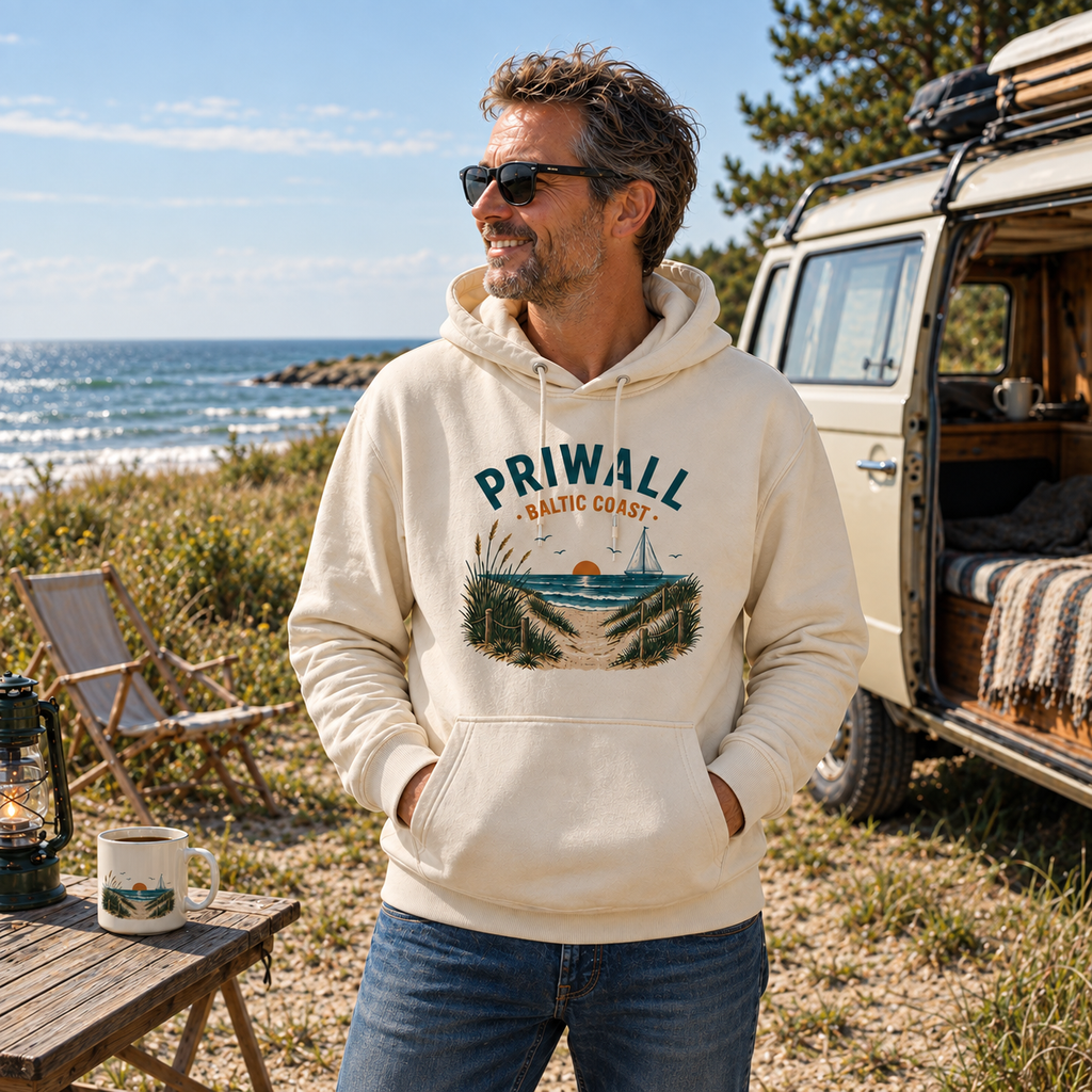 Mann trägt naturfarbenen Priwall Baltic Coast Bio-Hoodie am Ostsee-Camper