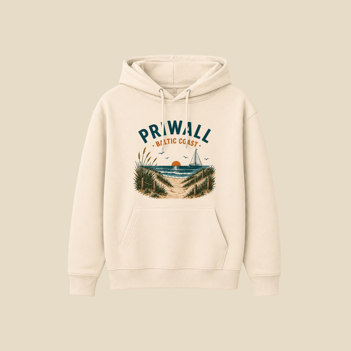Naturfarbener Priwall Baltic Coast Bio-Hoodie mit maritimem Ostsee-Motiv