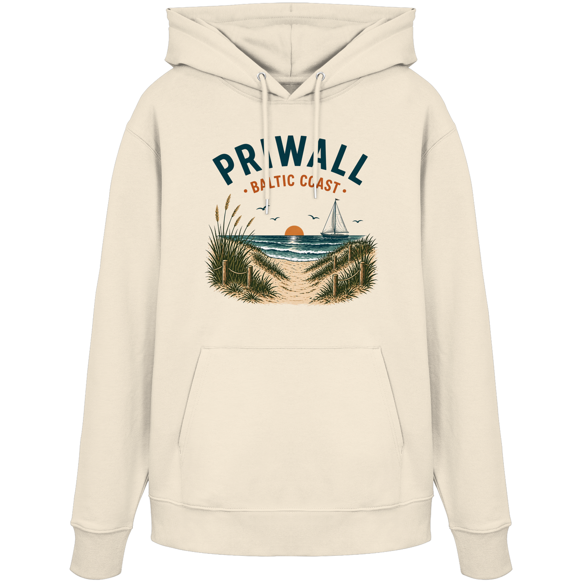 Naturfarbener Priwall Baltic Coast Bio-Hoodie mit Ostsee-Design