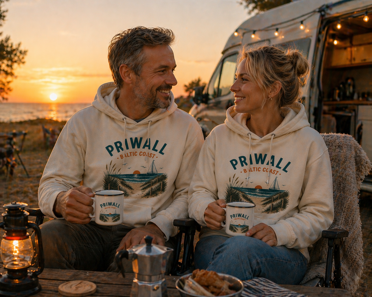 Paar im Priwall Baltic Coast Bio-Hoodie beim Camping an der Ostsee