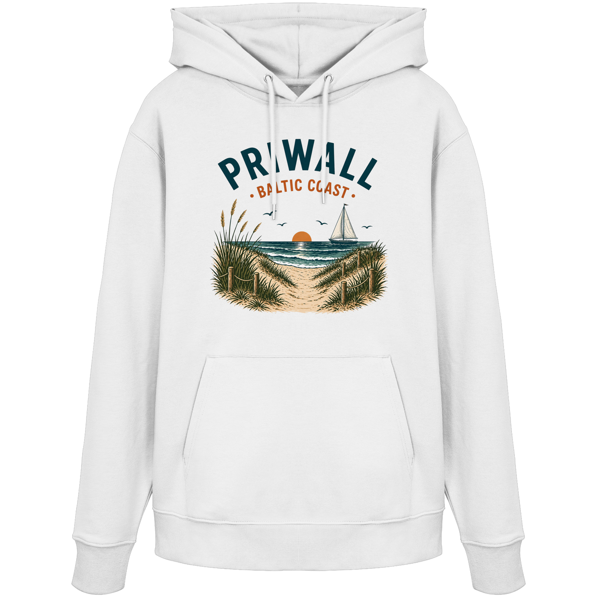 Weißer Priwall Baltic Coast Bio-Hoodie mit maritimem Frontprint