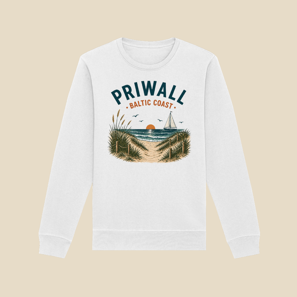 Priwall Baltic Coast Bio-Sweatshirt in Weiß mit maritimem Ostsee-Motiv