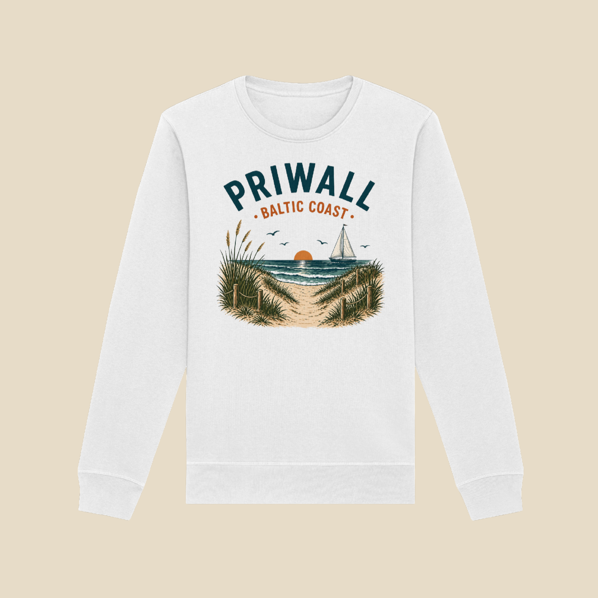 Priwall Baltic Coast Bio-Sweatshirt in Weiß mit maritimem Ostsee-Motiv