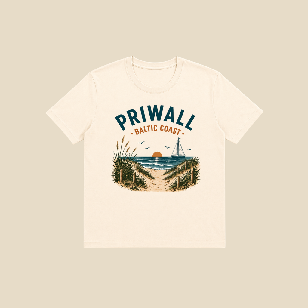Priwall Baltic Coast Bio-T-Shirt in Weiß mit maritimem Ostsee-Motiv