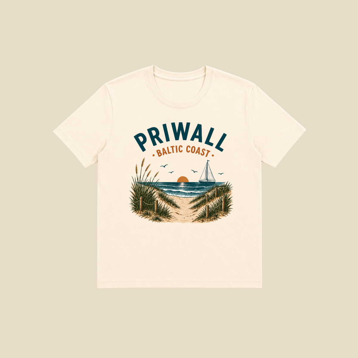 Priwall Baltic Coast Bio-T-Shirt in Weiß mit maritimem Ostsee-Motiv