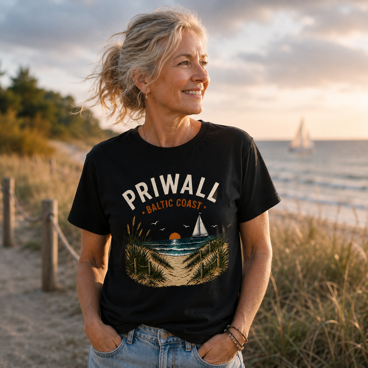 Frau trägt schwarzes Priwall Baltic Coast Black Edition Bio-T-Shirt an den Ostseedünen