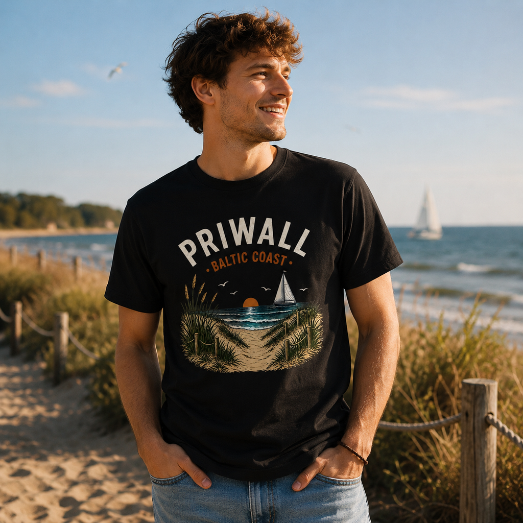 Junger Mann trägt schwarzes Priwall Baltic Coast Black Edition Bio-T-Shirt an der Ostsee