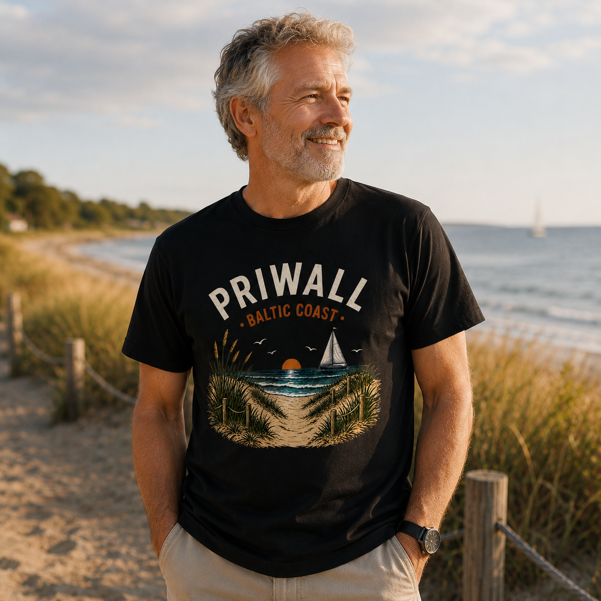 Älterer Mann trägt schwarzes Priwall Baltic Coast Black Edition Bio-T-Shirt am Strand