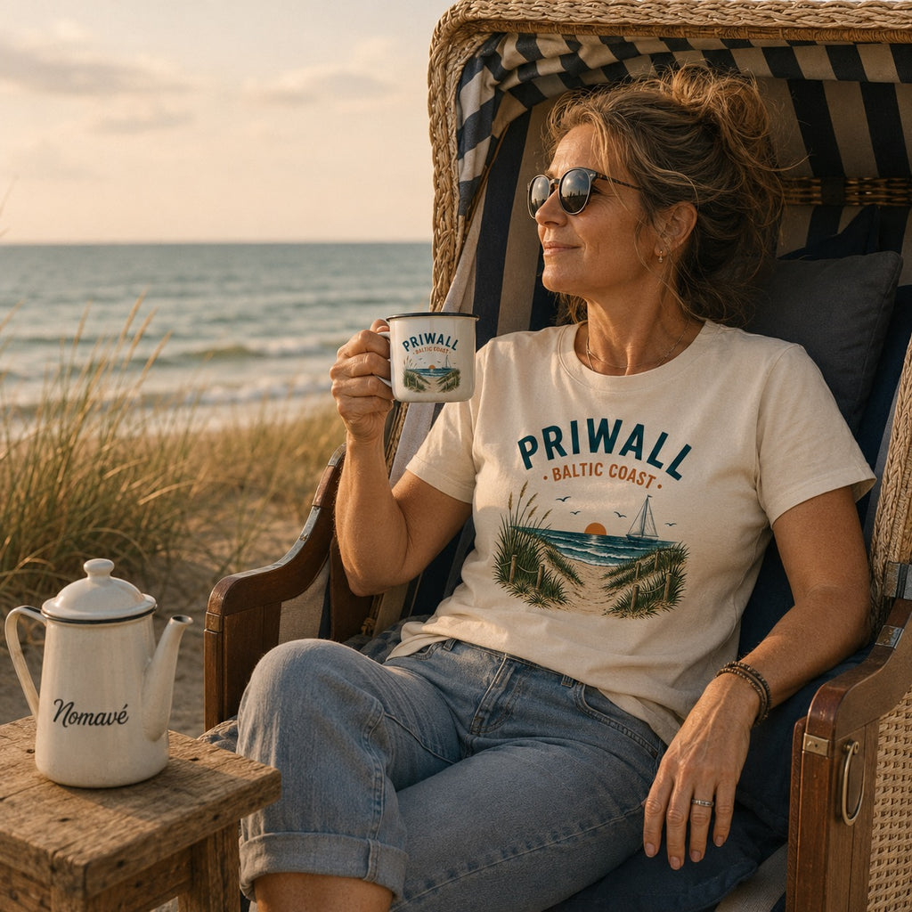Frau im Strandkorb mit Priwall T-Shirt und Priwall Emaillebecher am Ostseestrand vor Nomavé Kaffeekanne aus der Priwall Vibes Kollektion