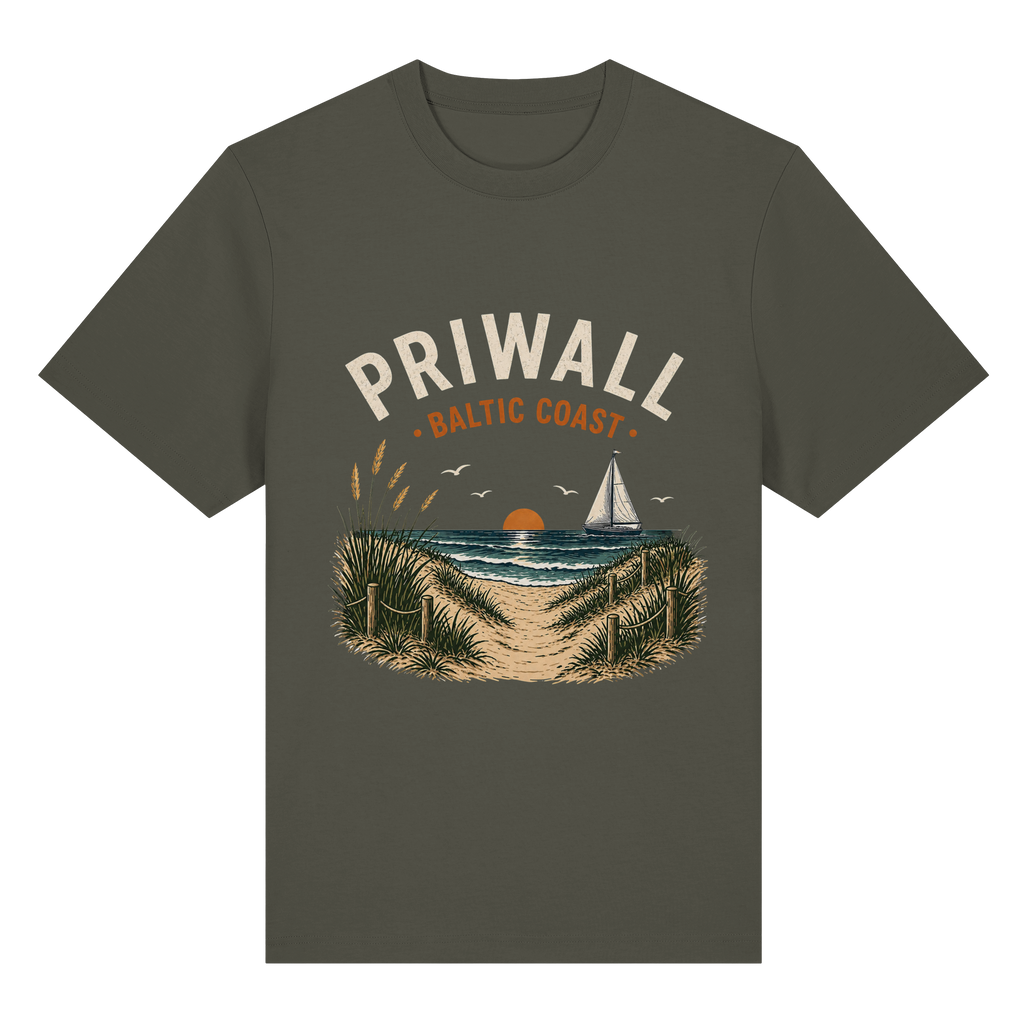 Priwall Baltic Coast Dark Bio-Heavy T-Shirt in Khaki mit Frontmotiv