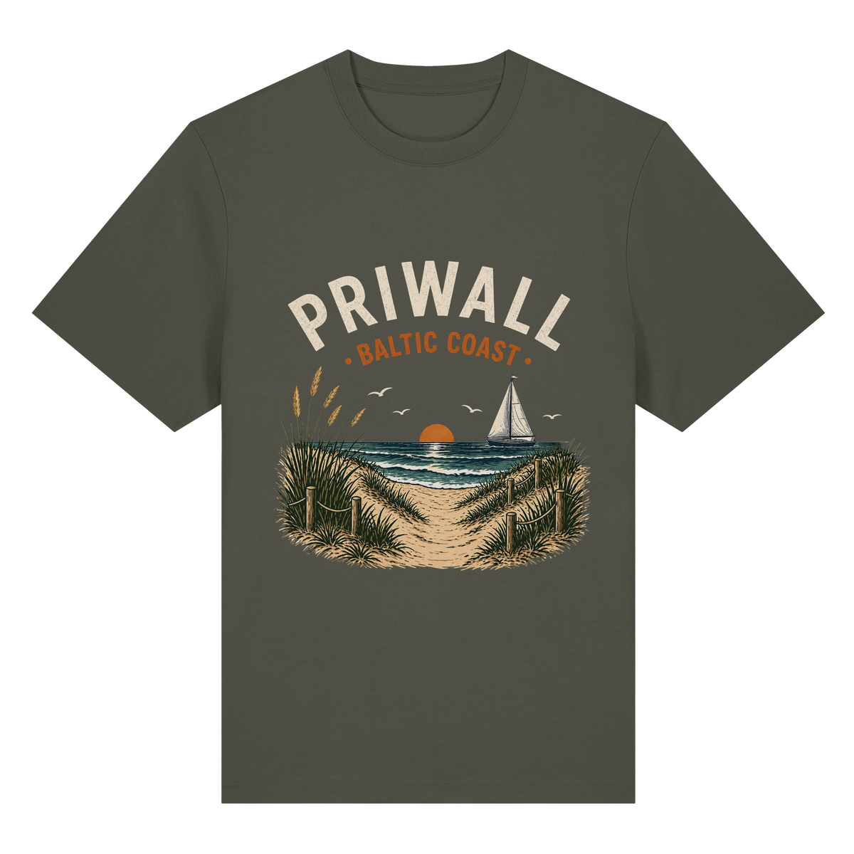 Priwall Baltic Coast Dark Bio-Heavy T-Shirt in Khaki mit Frontmotiv