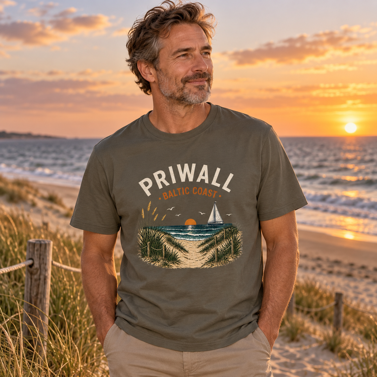 Mann im Priwall Baltic Coast Dark Bio-Heavy T-Shirt am Ostseestrand